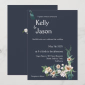 レトロエレガントホワイトフラワーフレームNavy背景I 招待状 (正面/裏面)