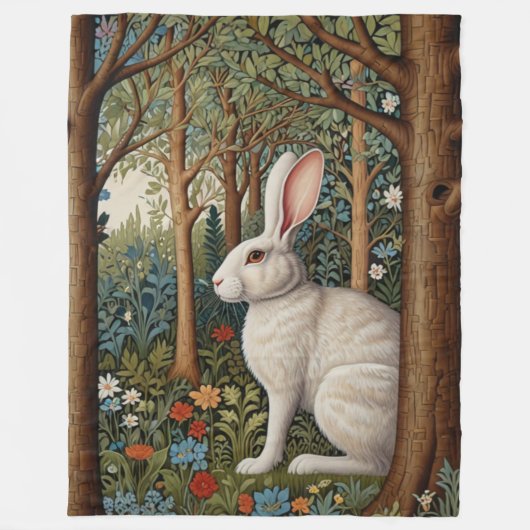 レトロエレガントボホホワイトラビットウッドランドフローラ フリースブランケット (正面)