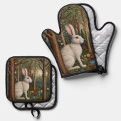 レトロエレガントボホホワイトラビットウッドランドフローラ 鍋つかみ&鍋敷きセット (正面/裏面)