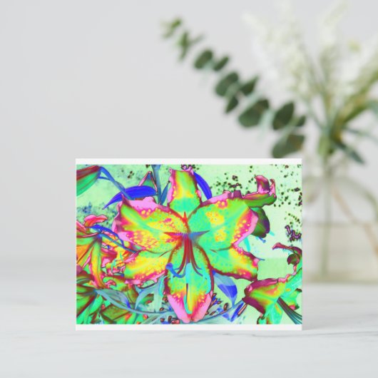 レトロエレガントボホ抽象芸術グリーンピンクフローラ ポストカード (スタンド正面)