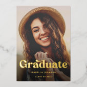 レトロエレガント写真卒業パーティー金ゴールド 箔招待状 (正面)