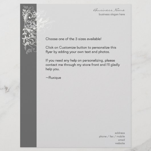レトロエレガント白い花の渦巻きダークグレー チラシ (正面)