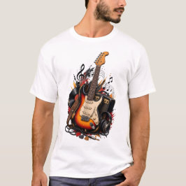 レトロエレクトリックギター&アンプ ロックミュージック ホワイト Tシャツ