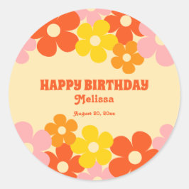レトロオレンカラフルジボホフラワーハッピーバースデー ラウンドシール