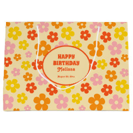 レトロオレンカラフルジボホフラワーハッピーバースデー ラージペーパーバッグ