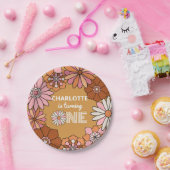 レトロオレンジとピンクのフローラデイジー第1誕生日 ペーパープレート (パーティー)