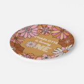 レトロオレンジとピンクのフローラデイジー第1誕生日 ペーパープレート (アングル)