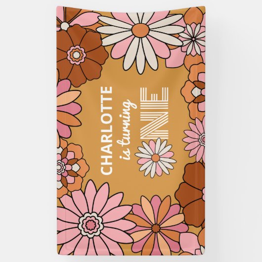 レトロオレンジとピンクのフローラデイジー第1誕生日 横断幕 (縦)