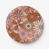 レトロオレンジとピンクのフローラデイジー ペーパープレート (正面)
