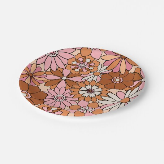 レトロオレンジとピンクのフローラデイジー ペーパープレート (アングル)