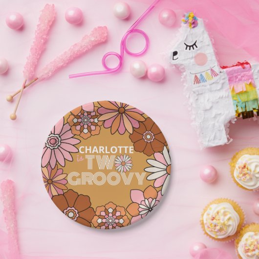 レトロオレンジとピンクのフローラ2グルーヴィ誕生日 ペーパープレート (パーティー)