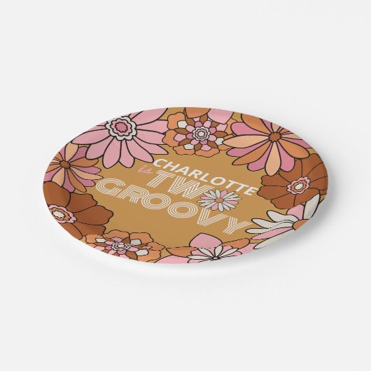 レトロオレンジとピンクのフローラ2グルーヴィ誕生日 ペーパープレート (アングル)