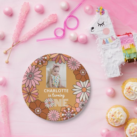 レトロオレンジとピンクデイジー第1誕生日 ペーパープレート (パーティー)