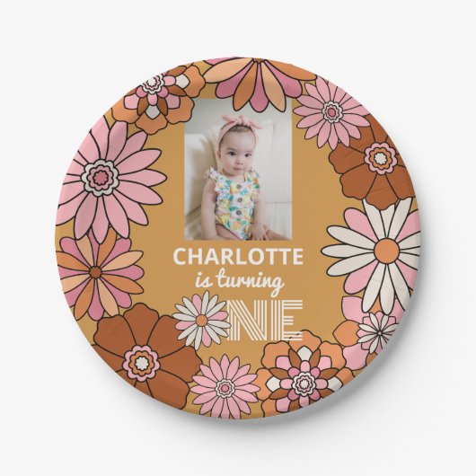レトロオレンジとピンクデイジー第1誕生日 ペーパープレート (正面)