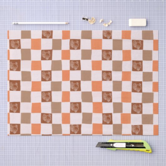 レトロオレンジとブラウンのターキーチェッカー柄 薄葉紙 (クラフト)