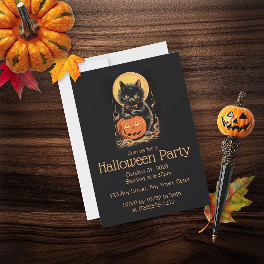 レトロオレンジとブラックキャットハロウィーン招待状 招待状