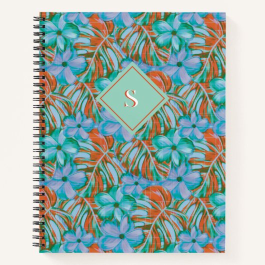 レトロオレンジとブルーの花模様 ノートブック (正面)