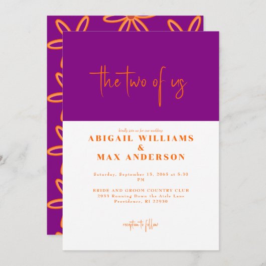 レトロオレンジと紫の私たち結婚の2人 招待状 (正面/裏面)