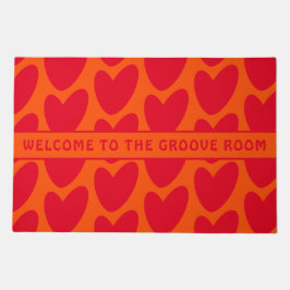 レトロオレンジとGroovy赤いハート ドアマット