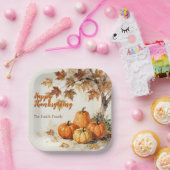 レトロオレンジのかぼちゃ 秋の葉 収穫祭 ペーパープレート (パーティー)