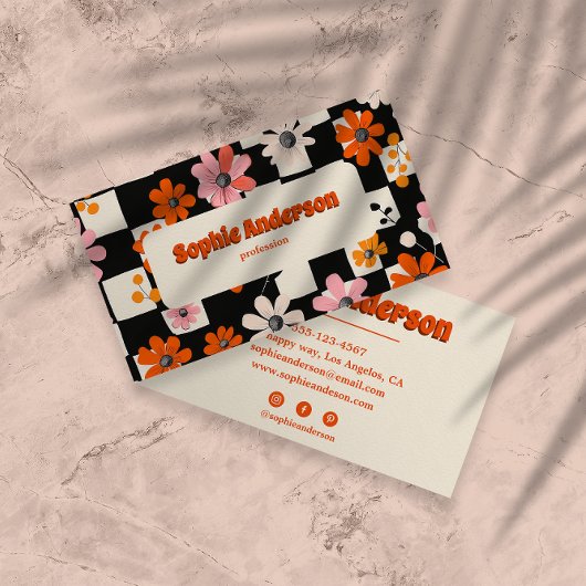 レトロオレンジの花柄チェック柄ビジネスカード 名刺