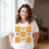 レトロオレンジイエローコケットボウハート市松模様に Tシャツ