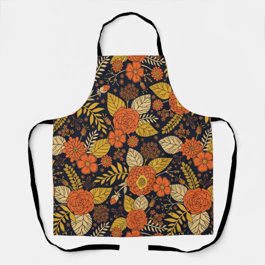 レトロオレンジイエロー&ネイビーフローラ エプロン (正面)
