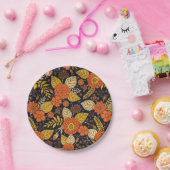 レトロオレンジイエロー&ネイビーフローラ ペーパープレート (パーティー)