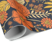 レトロオレンジイエロー&ネイビーフローラ ラッピングペーパー (ロールコーナー)
