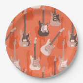 レトロオレンジエレクトリックロックギター&バスパターン ペーパープレート (正面)