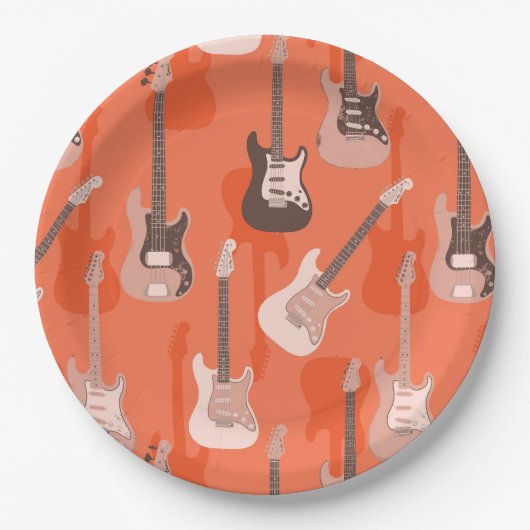 レトロオレンジエレクトリックロックギター&バスパターン ペーパープレート (正面)
