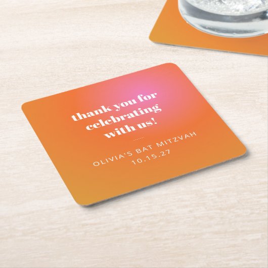 レトロオレンジグラディエントバルミツワーカスタムサンキュー スクエアペーパーコースター (アングル)