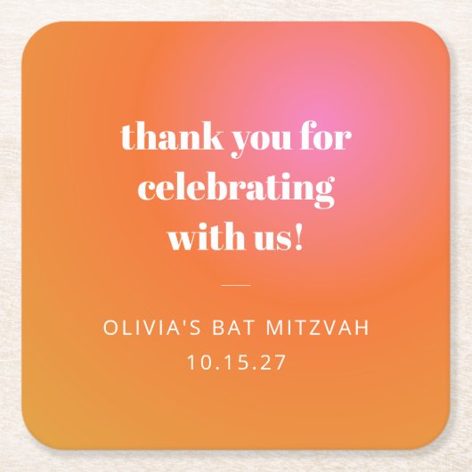 レトロオレンジグラディエントバルミツワーカスタムサンキュー スクエアペーパーコースター (正面)