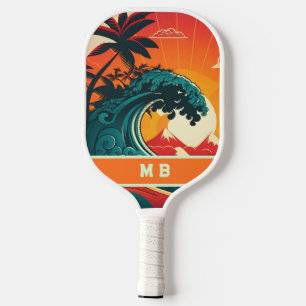 レトロオレンジティール（緑がかった色）サンセットウェーブパームツリーズモノグラム ピックルボールラケット