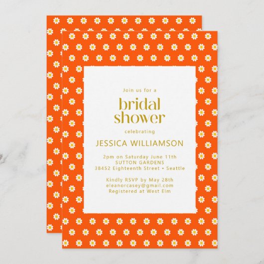 レトロオレンジデイジー花かわいいブライダルシャワー 招待状 (正面/裏面)