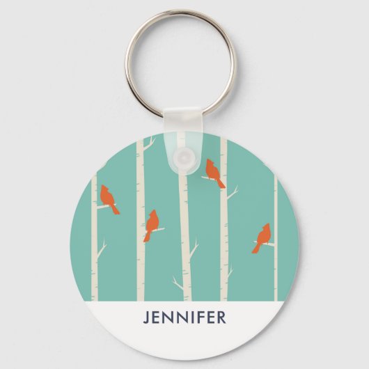 レトロオレンジバーズオン樺の木ツリーイラストレーション キーホルダー (正面)