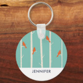 レトロオレンジバーズオン樺の木ツリーイラストレーション キーホルダー (正面)