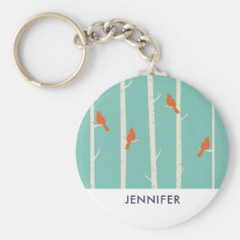 レトロオレンジバーズオン樺の木ツリーイラストレーション キーホルダー