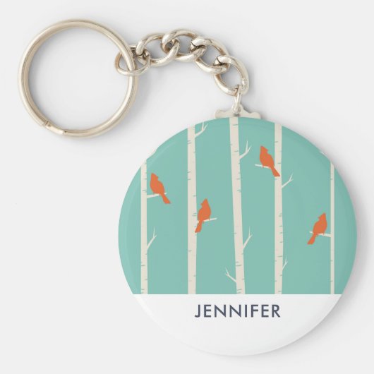 レトロオレンジバーズオン樺の木ツリーイラストレーション キーホルダー (正面)