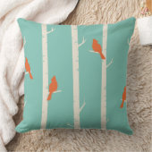 レトロオレンジバーズオン樺の木ツリーイラストレーション クッション (ブランケット)