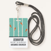 レトロオレンジバーズオン樺の木ツリーイラストレーション バッジ (裏面ランヤード)