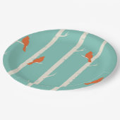 レトロオレンジバーズオン樺の木ツリーイラストレーション ペーパープレート (アングル)