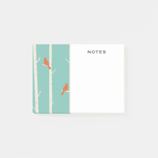 レトロオレンジバーズオン樺の木ツリーイラストレーション ポストイット (正面)