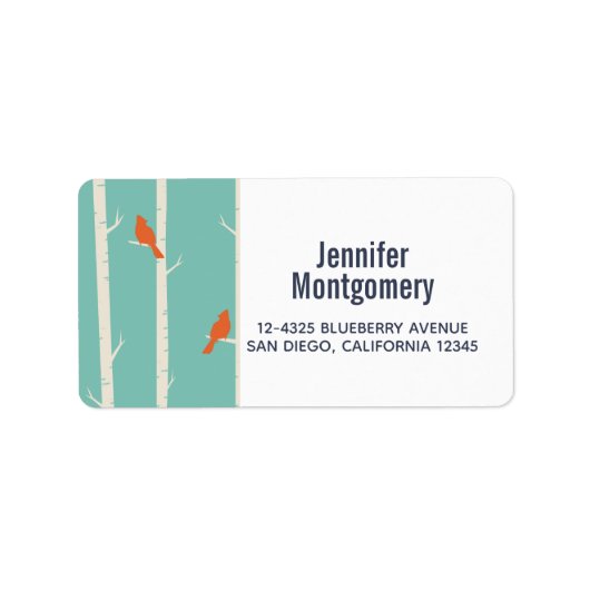 レトロオレンジバーズオン樺の木ツリーイラストレーション ラベル (正面)