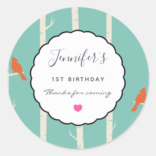 レトロオレンジバーズオン樺の木ツリーズ誕生日 感謝してい ラウンドシール (正面)