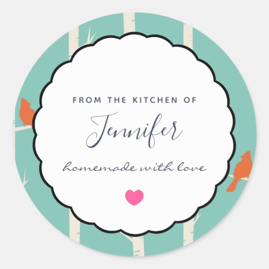 レトロオレンジバードオン樺の木ツリーズキッチン ラウンドシール (正面)