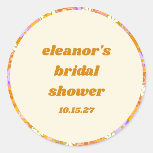 レトロオレンジパープルフローラカスタムブライダルシャワー ラウンドシール (正面)