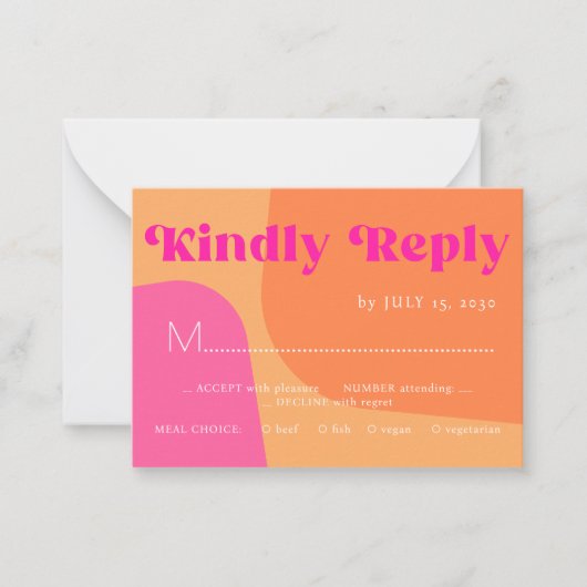 レトロオレンジピンクはっきりしたタイポグラフィウェディングRSVP ノートカード (正面)