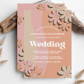 レトロオレンジピンクグルーヴィーフラワーウェディング招待