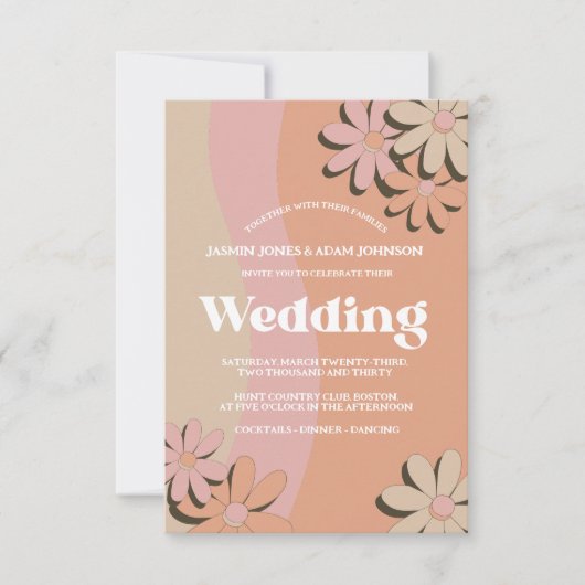 レトロオレンジピンクグルーヴィーフラワーウェディング招待 (正面)